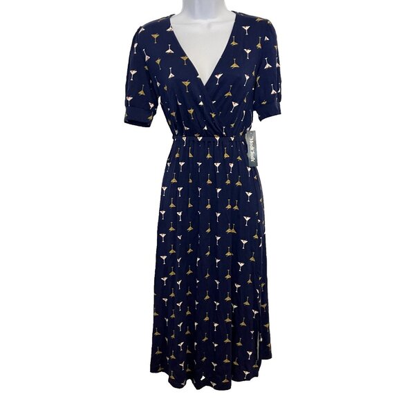 ModCloth Dresses & Skirts - ModCloth Cocktail Martini Print Midi Dress Faux Wrap NWT Retro Novelty Quirky XS
